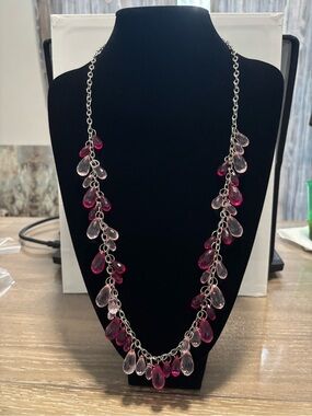 Silver Chain Necklace with Light Pink and Deep Pink Teardrop Beads